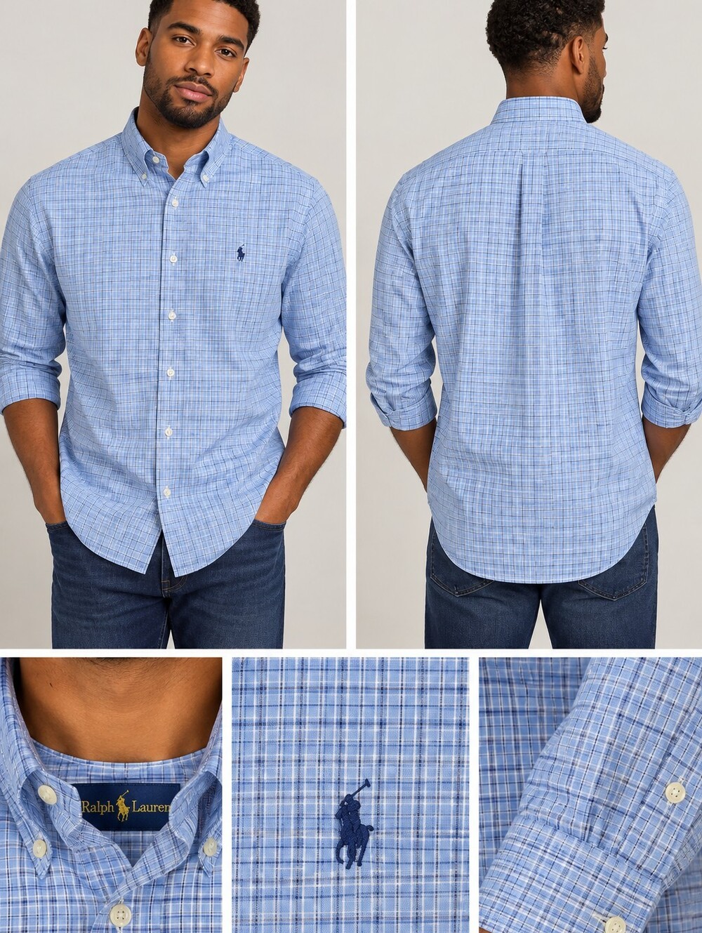 Mens Ralph Lauren Classic Fit 16-32 /33 Button-Up Shirt in Light Blue Plaid